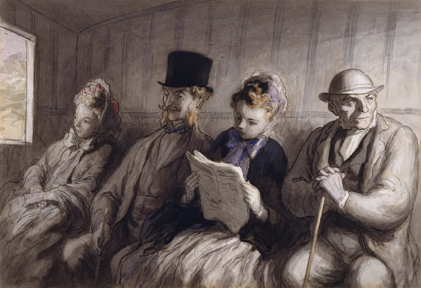 Honoré Daumier, The Third-Class Carriage: a crowded wooden carriage with a mother, an old woman, and a sleeping boy