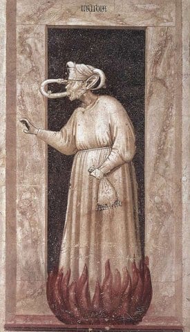 Giotto’s fresco Envy: a figure standing in flames, a serpent coiling from its mouth back into its eyes
