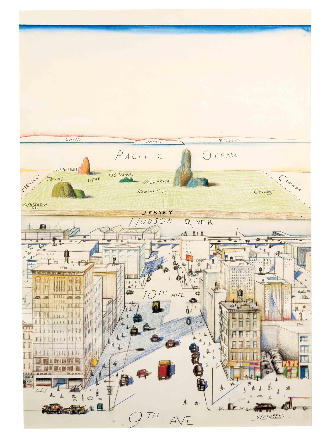 Saul Steinberg, View of the World from 9th Avenue: Manhattan in detail, the rest of the world shrinking to a thin strip