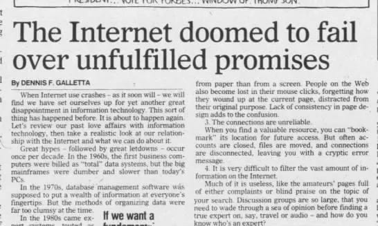 Newspaper headline: “The Internet doomed to fail over unfulfilled promises”