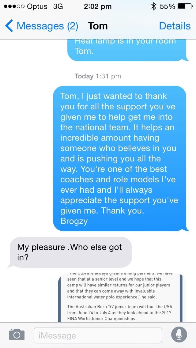 Text message to Tom Hoad thanking him for helping get Alex into the national team, and his reply: “My pleasure. Who else got in?”